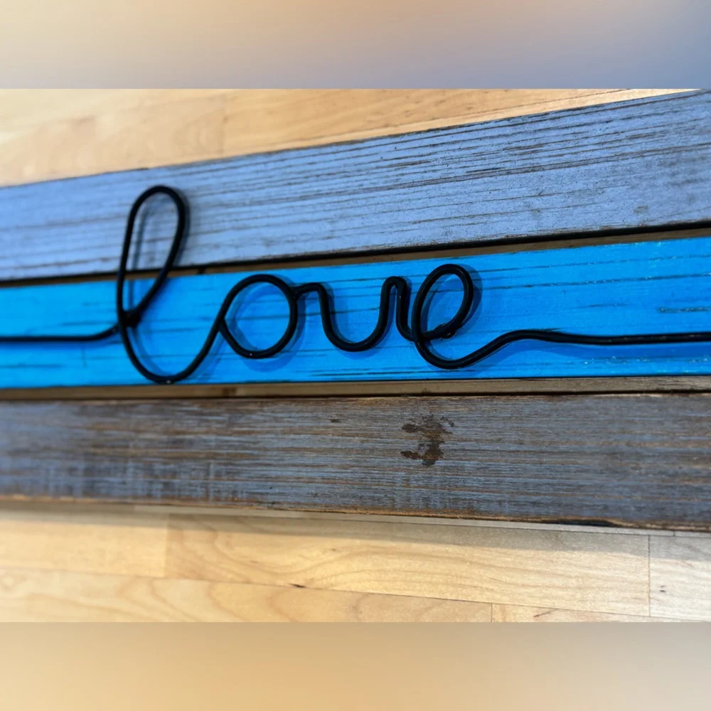 LOVE Sign in Distressed Wood Style with a Dark Aqua Detail. Blue Paint- 28x6.5”